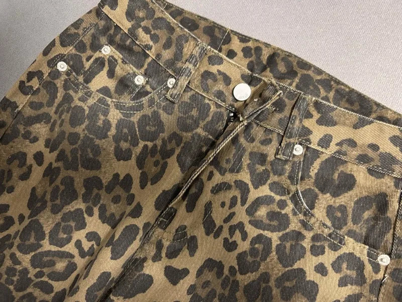 Calça jeans feminina americana retrô com estampa de leopardo, cintura alta, larga, casual, com bolsos, hip-hop, primavera/verão 2000, calça jeans pantera grande