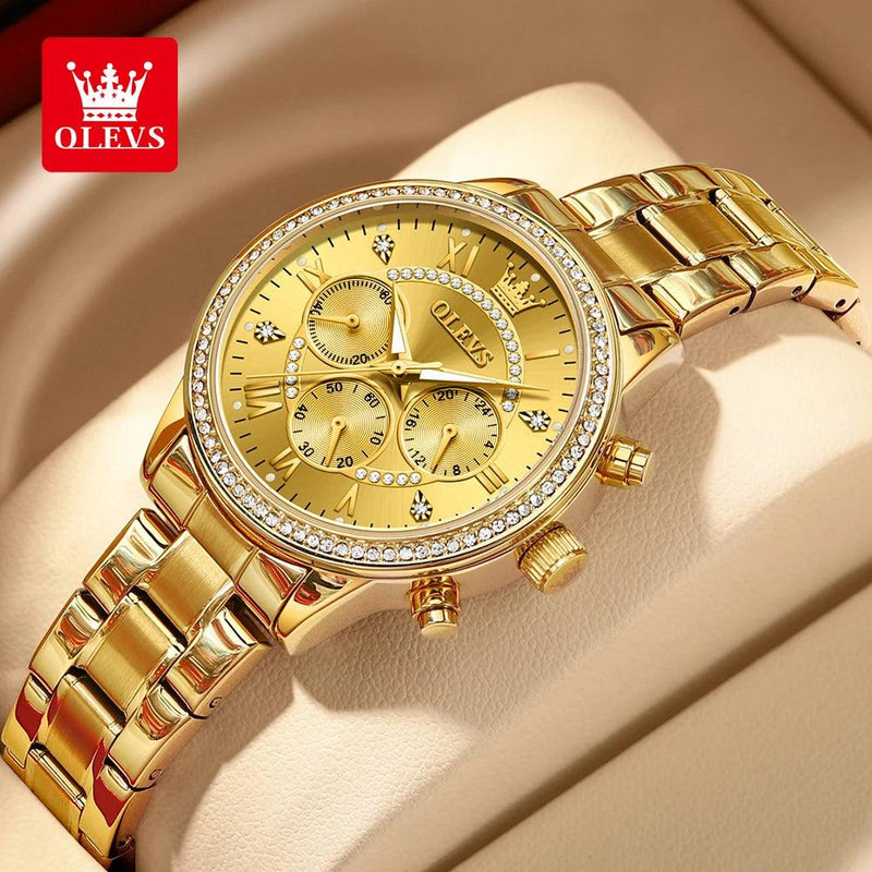 OLEVS Women's Quartz Watch Luxury Diamond Dial Gold Stainless Steel Waterproof Classic Three Small Dials Watch for Women New In - CRAVO ROSE