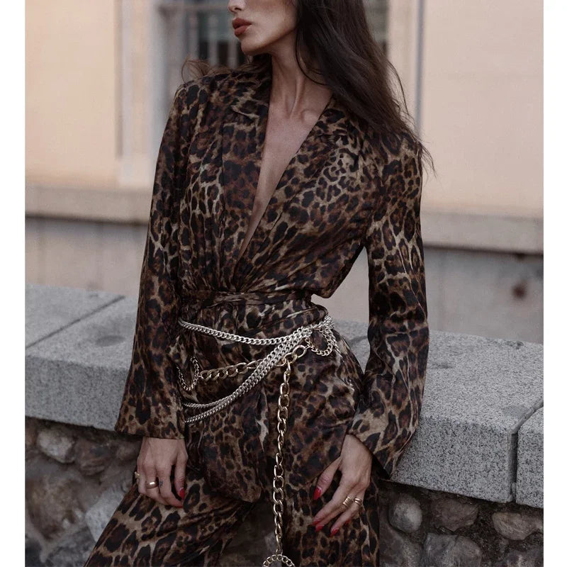 MUJER Leopard Print Blazers Woman Outfit Straight Leg Pants Sets for Women 2 Pieces Jacquard Office Blazer Women's Trouser Suit
