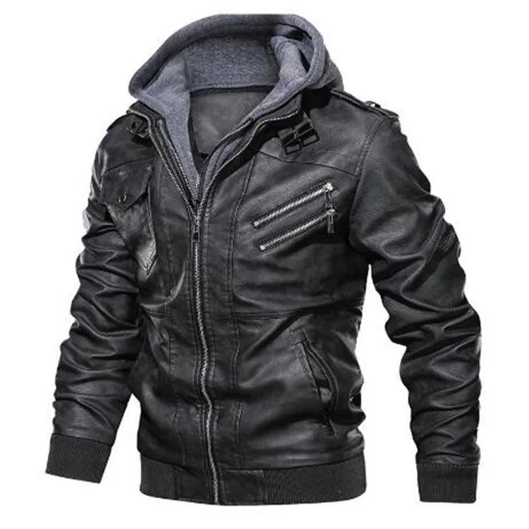 Nova Moda Masculina Street Wear Motocicleta Jaquetas de Couro Chapéu Destacável Homens Jaquetas de Couro Com Capuz Slim Casual Casacos de Couro 5XL - CRAVO ROSE