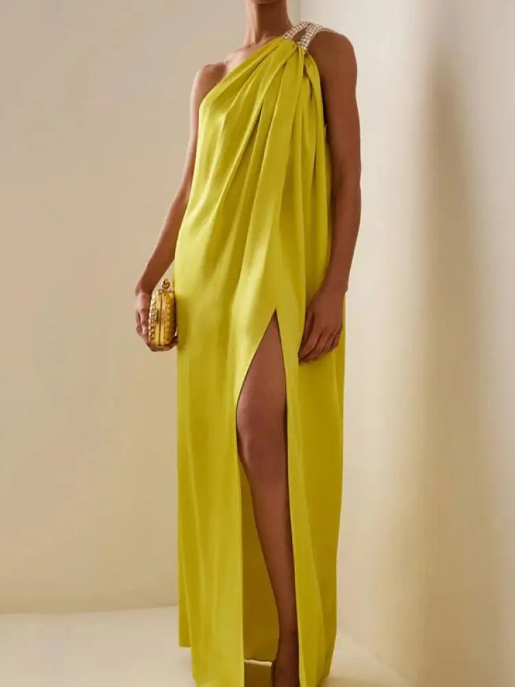 Vestido de noite elegante feminino Freeacy Loose Fit, cor sólida, amarelo, um ombro só, cintura alta, corte H, fenda lateral, vestido longo