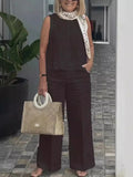 Terno feminino simples de algodão e linho, moda verão, blusa solta sem mangas, calças de perna larga, conjunto de duas peças para mulheres, roupas casuais