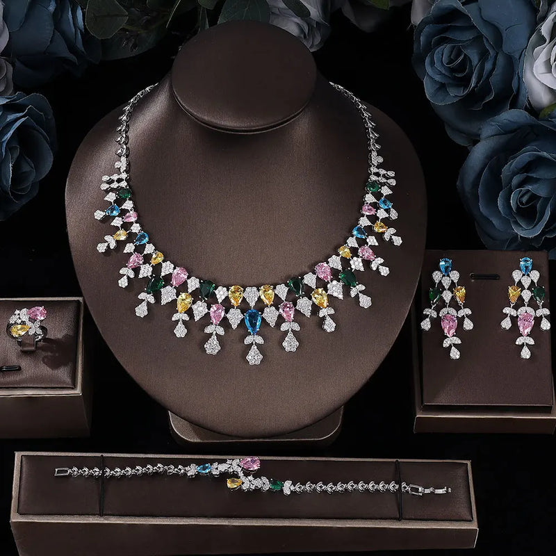 Conjunto de joias de casamento de zircônia cúbica, conjunto de 4 peças para noivas, conjunto de joias femininas, reprodução de marca de joias