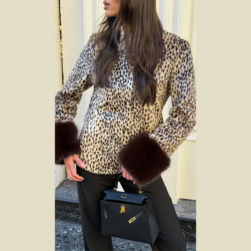 Spring Thin Fur Women's Coat Fashion Leopard Print Full Sleeve Female Jackets 2026 Spring Street New Single Breasted Lady Coats