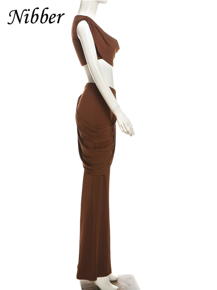 Nibber Pleats Elegant 2 Piece Set Women Sexy Low Neck Sleeveless Crop Tops+Irregular Waist Tassel Straight pants Fashion Suit