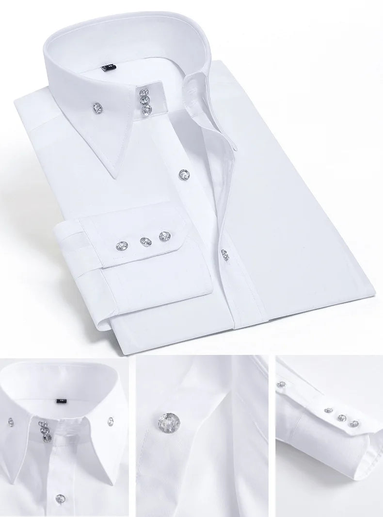 Men's Stretchy Long Sleeve Shirt Crystal Buttons Business Casual Slim Fit Dress Shirts for Men Trendy Traf Homme TS-928
