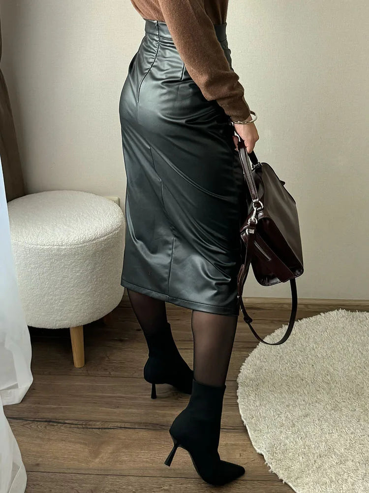Women Midi Leather Skirt Sexy Split High Waist Zipper PU Front Slit Skirts Ladies Black Faux Leather Folded Skirt For Women