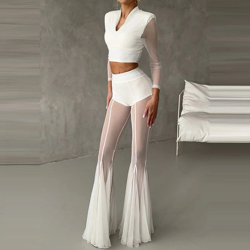 Women's Casual Patchwork Pleated Flared Pants Perspective Mesh Slim Trousers New 2025 Summer Elastic High Waist Club Long Pants