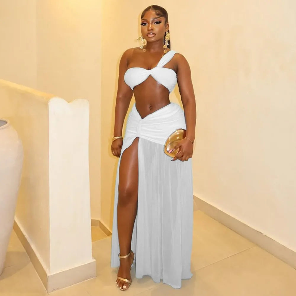 FLARORA Sexy Mesh Ruched 2 Piece Sets Woman Strapless Crop Tops And High Split Long Skirts Suits Elegant Beach Vacation Clothing