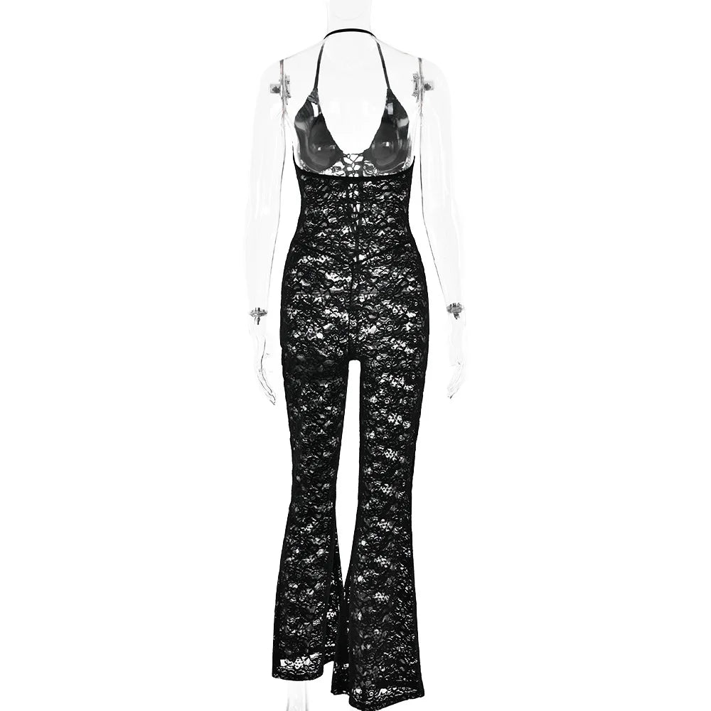 Women's New Sexy Fashion Hollow-Out Lace See-Through Backless Halter Slim Jumpsuit