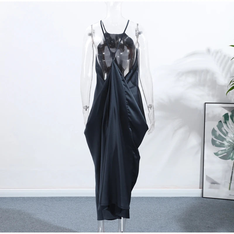 Elegant Satin Halter Backless Maxi Dress Women Loose Pleated O-neck Sleeveless Party Dresses 2026 Summer Lady Chic Holiday Robes