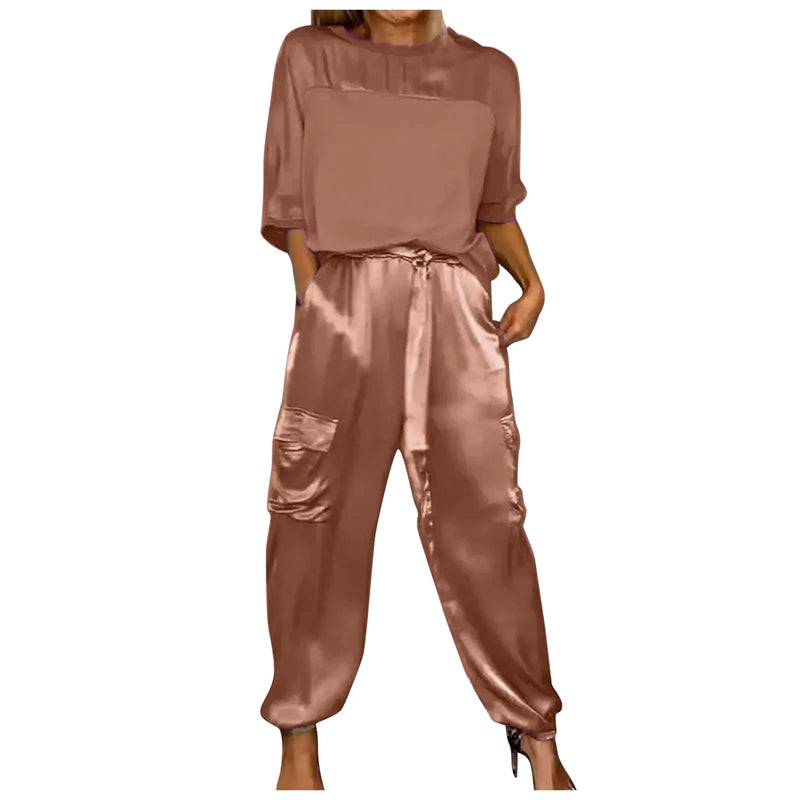 Women Smooth Satin Half Sleeve Top And Pants Set Women Casual Summer Satin Pajama Set solid color party Glossy Outfits - CRAVO ROSE