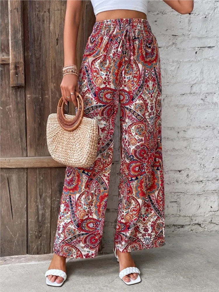 Calças de cintura alta com estampa da moda, pernas largas, primavera-verão, roupas femininas, calças casuais soltas, faixas elásticas, estilo boho, calças de praia