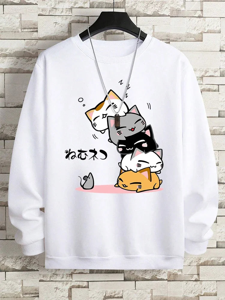 Moletom fofo com gatos empilhados,  masculino com capuz, hip hop, gola redonda, vintage, casual, solto, com capuz, outono, novas roupas soltas