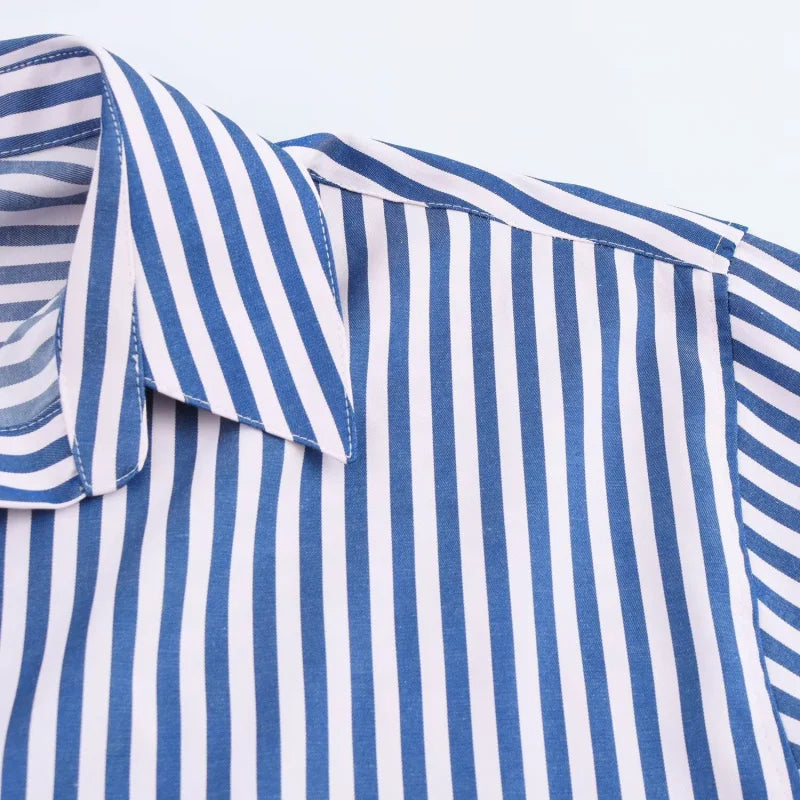 ETJ 2025 women's spring new Europe-American fashion striped long sleeve lapel loose version poplin shirt multi-color selection