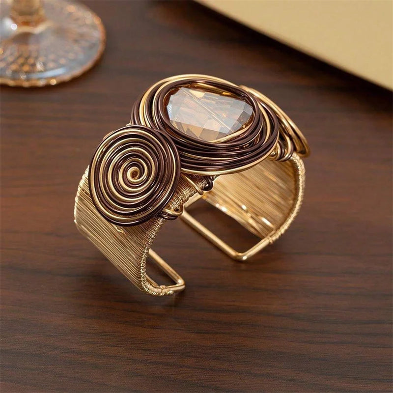 Exaggerated  Metal Wire Winding Cuff Bracelet Big Brown Rhinestone Heavy Metal Bracelet For Women Personality Jewelry