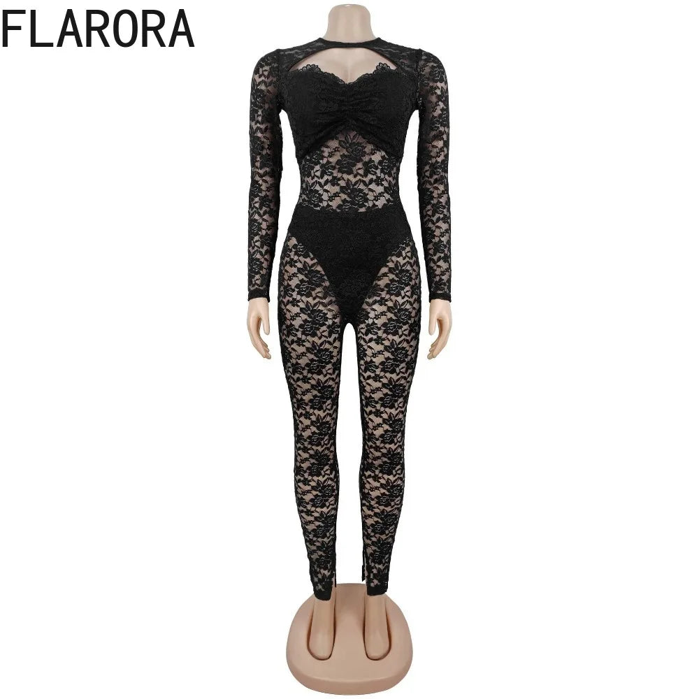 FLARORA Sexy Lace Hollow See Through Jumpsuits Woman O Neck Full Sleeve Peach Hip Slim Jumpsuit Midnight Party Clubwear Overalls