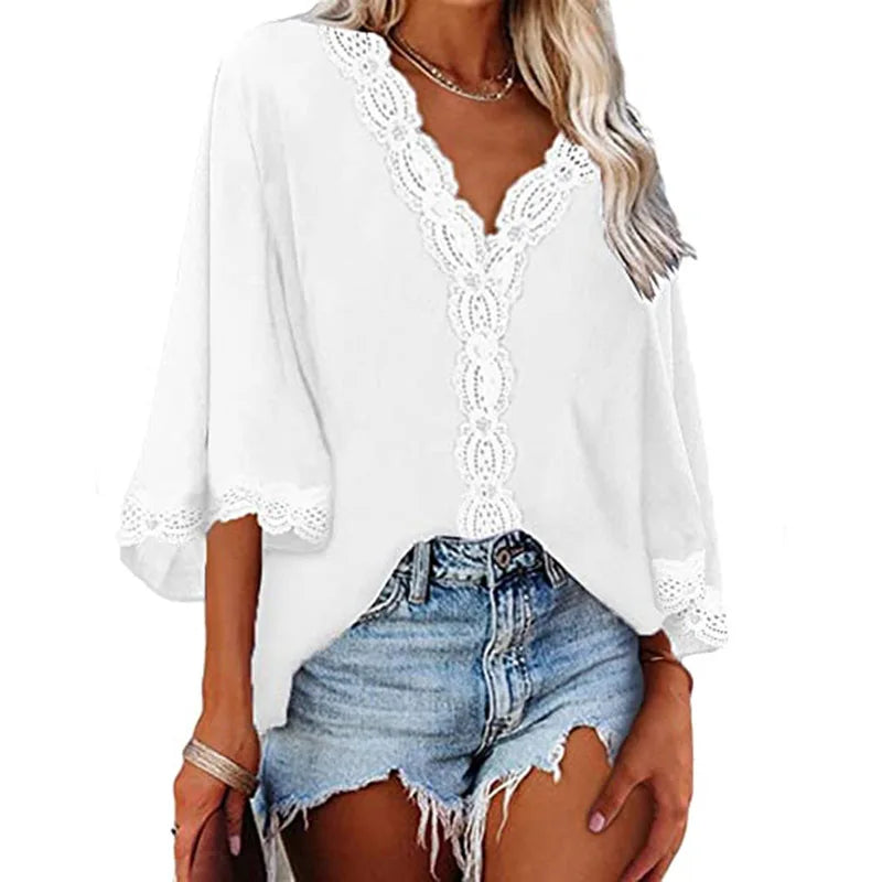 Blusa feminina de chiffon com costura de renda, decote em V, manga flare, blusa solta de verão, moda simples