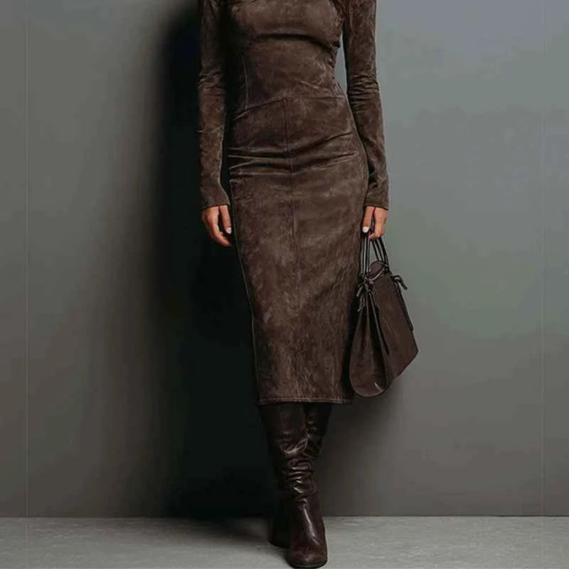 European American Women's Suede Turtleneck Long Sleeve Midi Dress Elegant Bodycon Dress for Autumn/Winter Fashion Party Clubwear