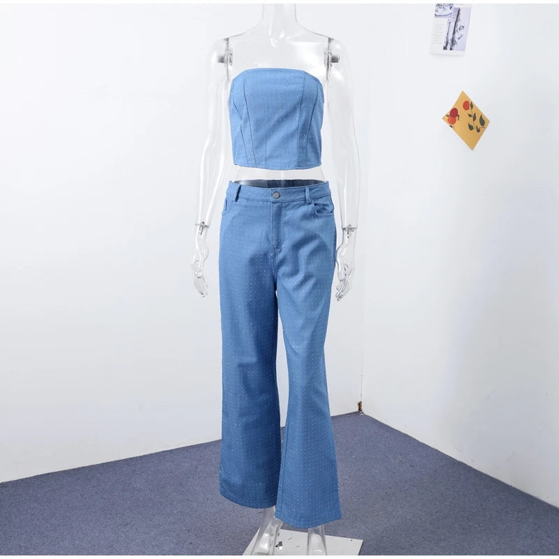 Conjunto jeans feminino com strass brilhantes, espartilho modelador, top curto, jeans slim fit, roupa de festa, boate, estilo cowgirl