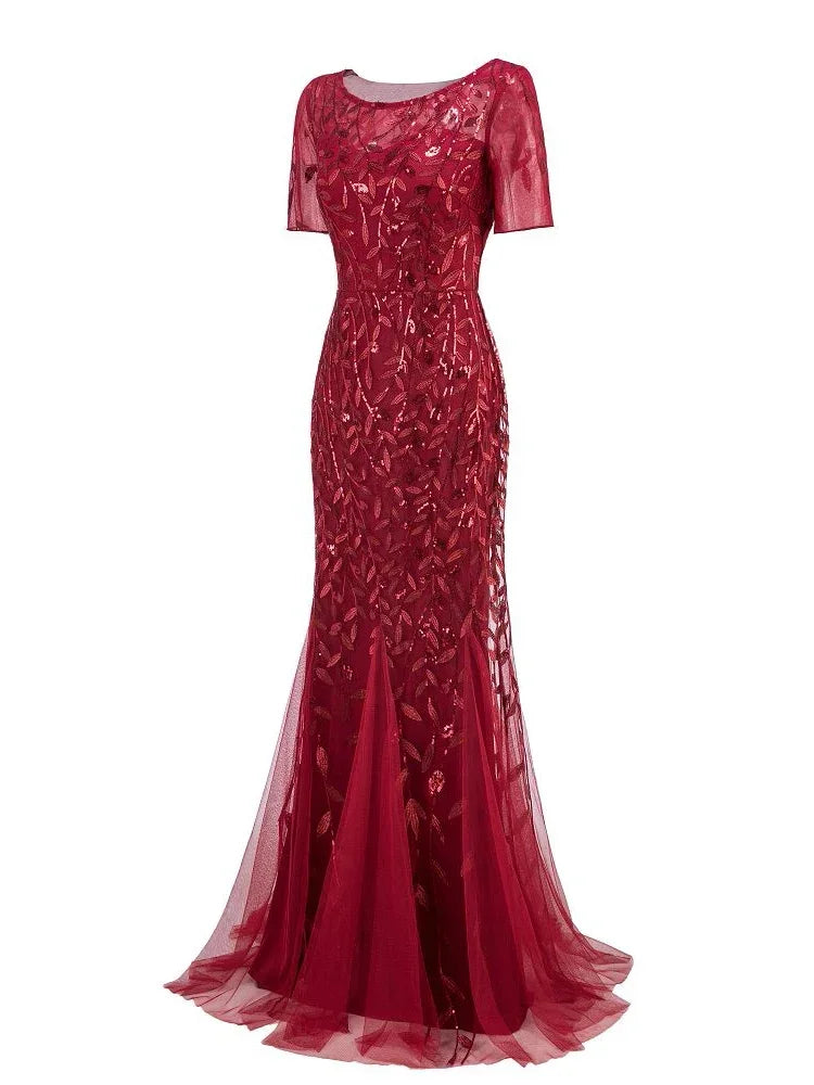 Plus Size Women's Evening Dress Fishtail Short Sleeve Lace Appliqué Tulle Stitching Personalized Design Long Party Evening Dress