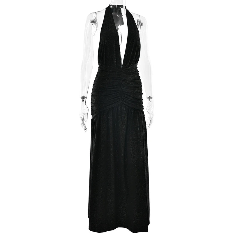 JULISSA MO Glitter Bright Silk Deep V-neck Women Maxi Dress Khaki High Slit Halter Dress Spring Slim Elegant Party Evening Dress