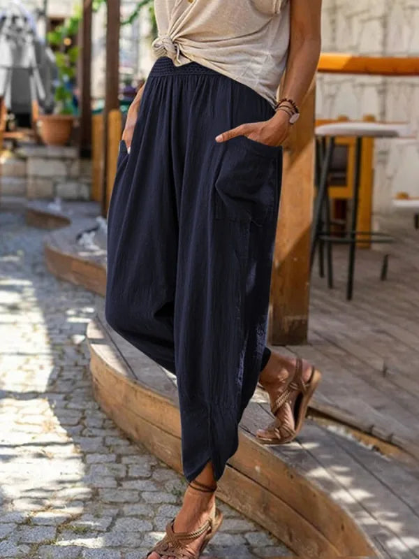 Calças femininas de praia, primavera verão, vintage, boho, algodão, linho, cintura alta, lisas, soltas, bolsos, calças casuais