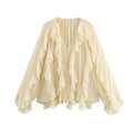 TRAFSHE Camisa casual com babados feminina, solta, com cadarço, vazada, decote em V, blusas de primavera, roupas femininas 4786063