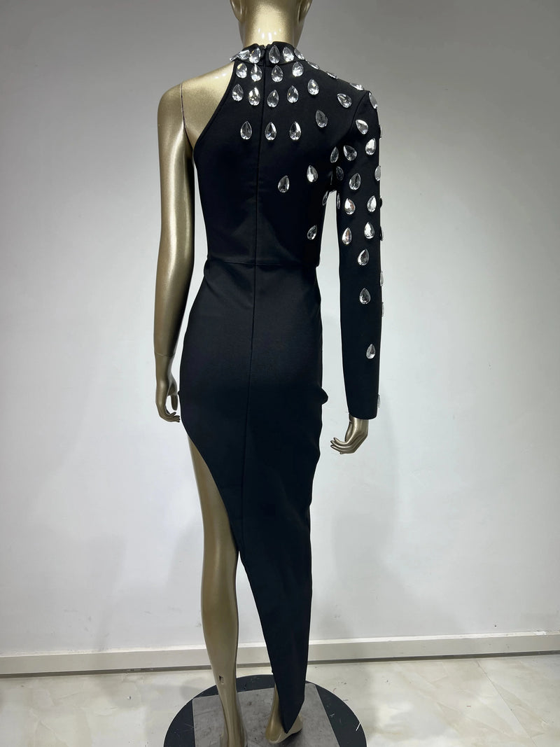 Women Celebrity Sexy Single Sleeve Rhinestone Black Maxi Long Bodycon Bandage Dress 2023 Elegant Evening Club Party Dress