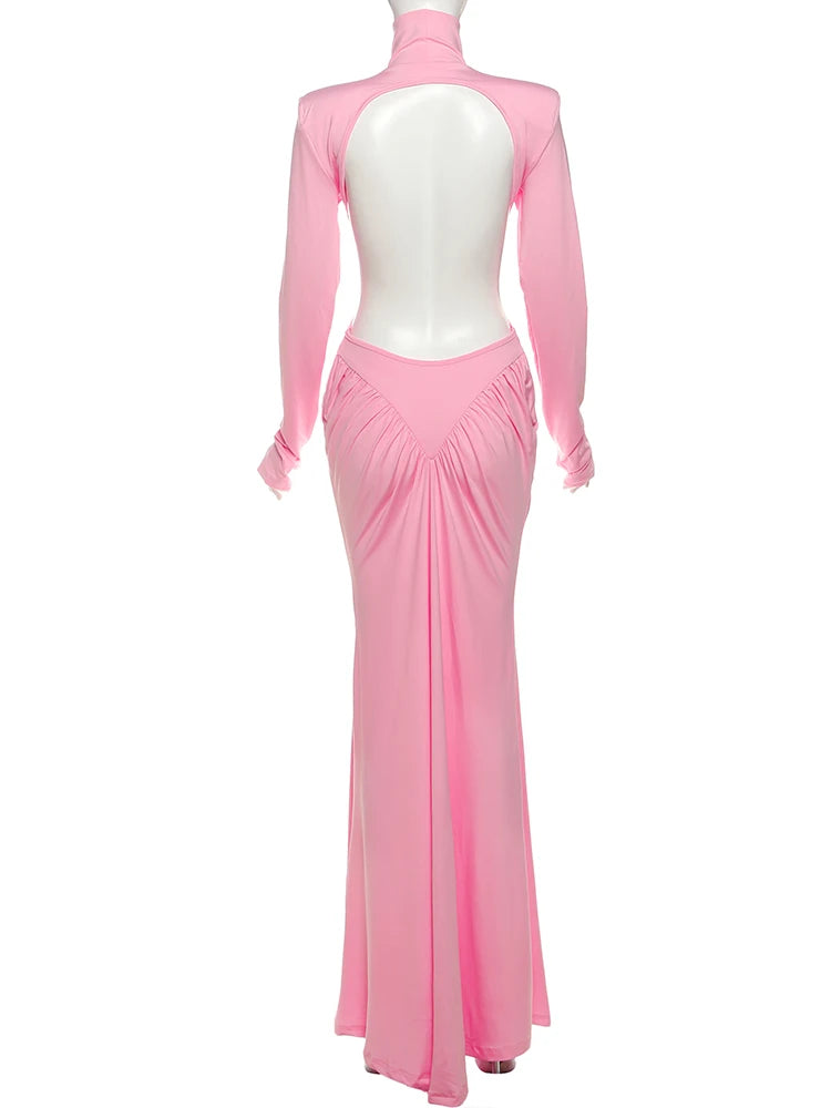 Weird Puss Backless Maxi Dress Women Shoulder Pads Long Sleeve Waistless Peach Buttocks Ruched Elegant Banquet Skinny Vestidos