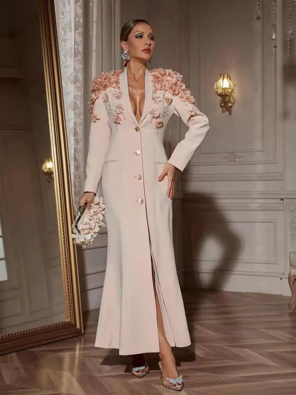 Gorgeous Flowers Women's Long Coat V Neck Long Sleeve Office Ladies Work Plus Size Birthday Party Customized Jacket