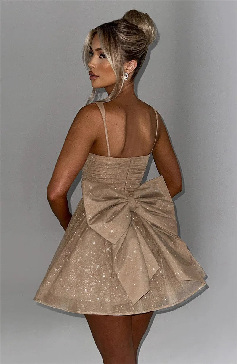 Mozision Bow Backless Sexy Mini Dress For Women Robe Spaghetti Strap Sleeveless Backless High Waist A-line Club Dress Vestido