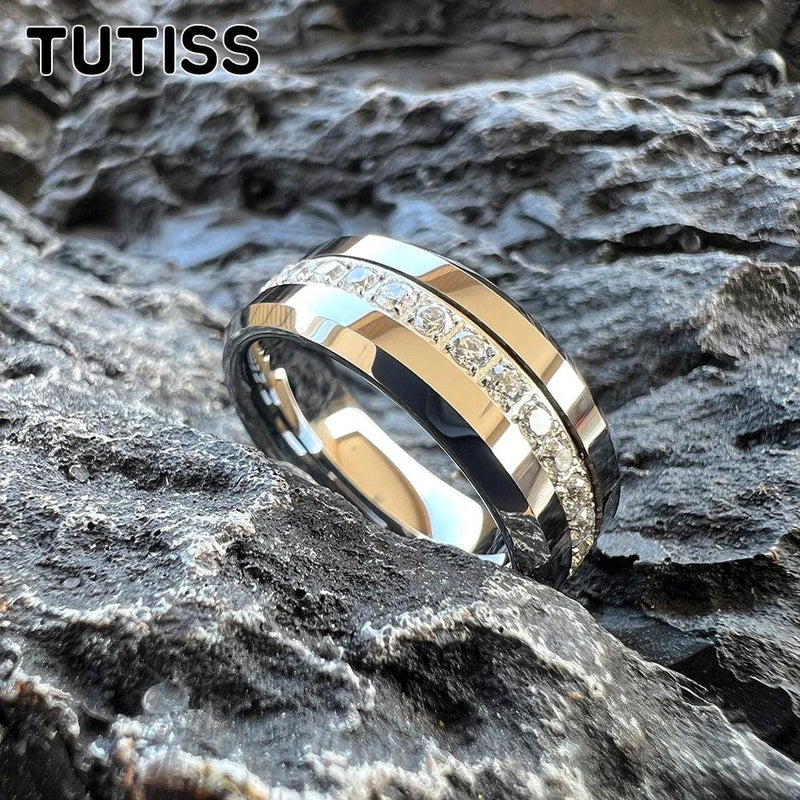 TUTISS 8mm CZ Stone Inlay Beveled Edges Black Tungsten Ring for Men Women Eternity Fashion Engagement Wedding Band - CRAVO ROSE