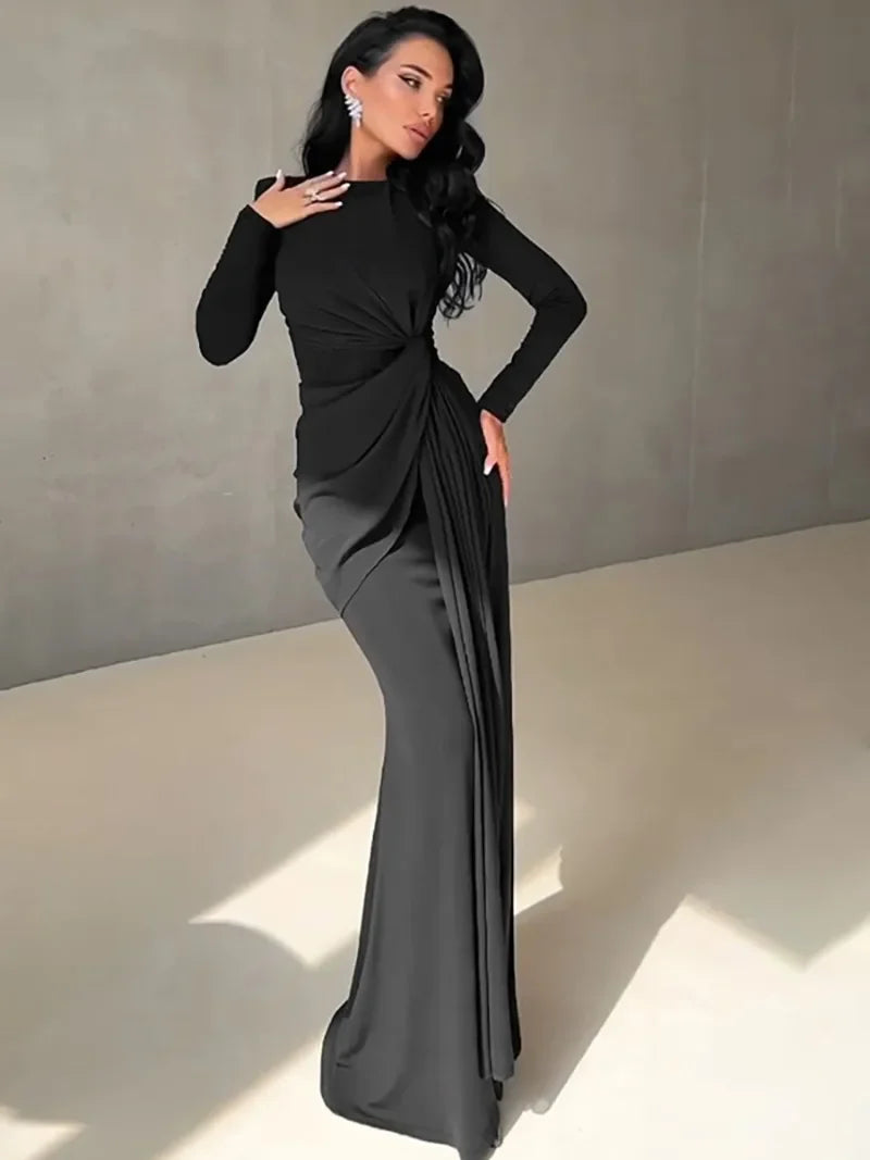Elegant High Waist Folds Long Maxi Pink Dresses for Women 2025 Chic O-neck Long Sleeve Tunics Slim Solid Party Evening Dress