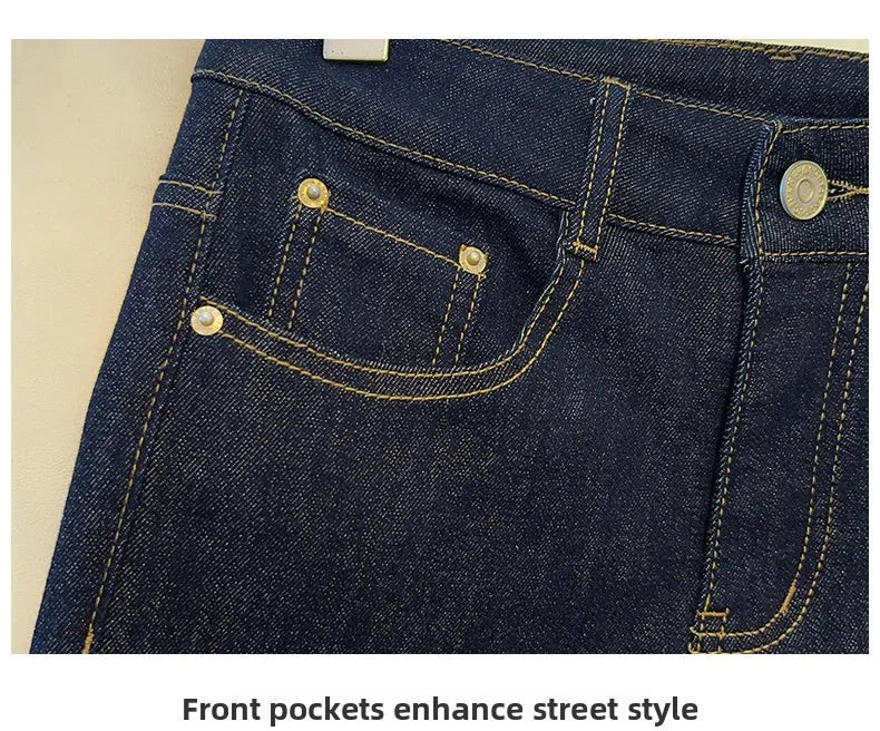 High-End Women's Straight Leg Jeans Loose Fit Spring Season Roll up Capri High Waist Denim Blue Flip  Thermal Regulation
