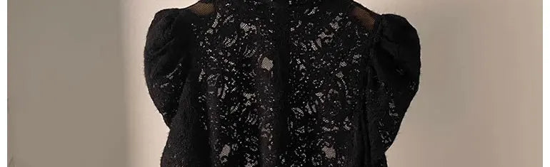 Fleece Lined Lace Base Shirt Women's Autumn Winter Hollow out Mesh Top Trendy Commute Style High Neck Long Sleeve  Color