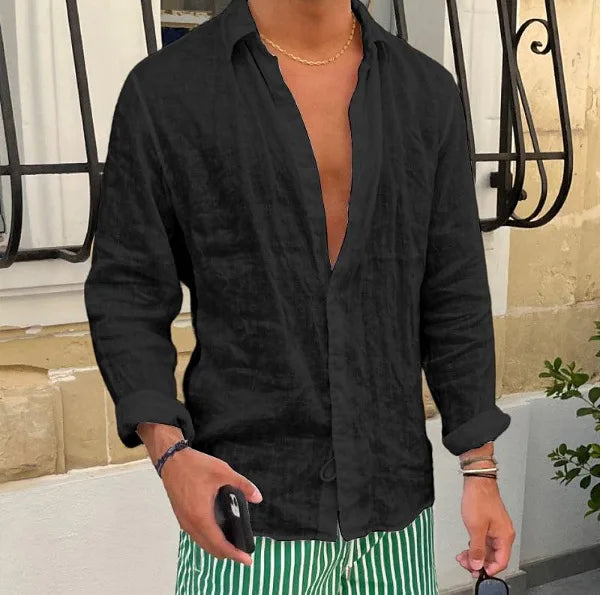 Breathable and Comfortable Pure Cotton Long Sleeved Shirt Summer Thin Cut Lapel Solid Color Versatile Beach Shirt