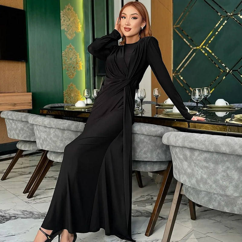 Ladies Autumn Elegant Evening Party Dress Women Long Sleeve O-Neck Ruched Fashion Maxi Dresses Night Club Streetwear Fall Outfit