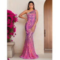 Lavender Pink One Shoulder Sequin Maxi Dress Sleeveless Evening Party Prom Gown for Women - CRAVO ROSE