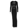 DGLUKE Sexy Cut Out Long Dresses For Women O-Neck Long Sleeve Bodycon Maxi Dress Elegant Going Out Party Dress Black