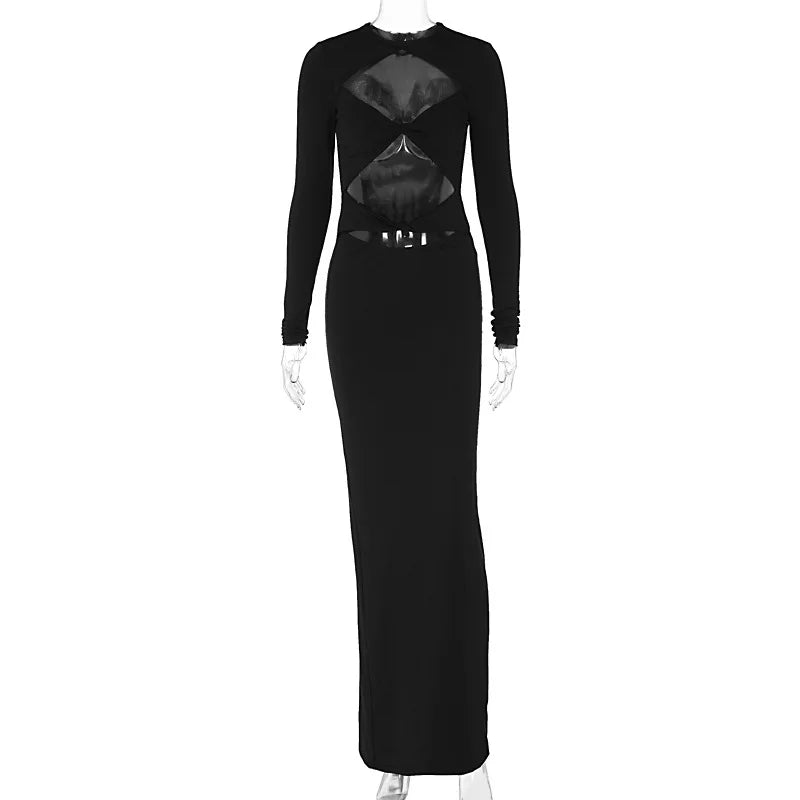 DGLUKE Sexy Cut Out Long Dresses For Women O-Neck Long Sleeve Bodycon Maxi Dress Elegant Going Out Party Dress Black