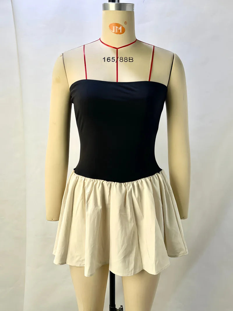 Slim Folds Tube Top Mini Dresses For Women Bodycon Backless Contrasting Colors Dresses Summer Sexy Off Shoulder Elegant Vestidos