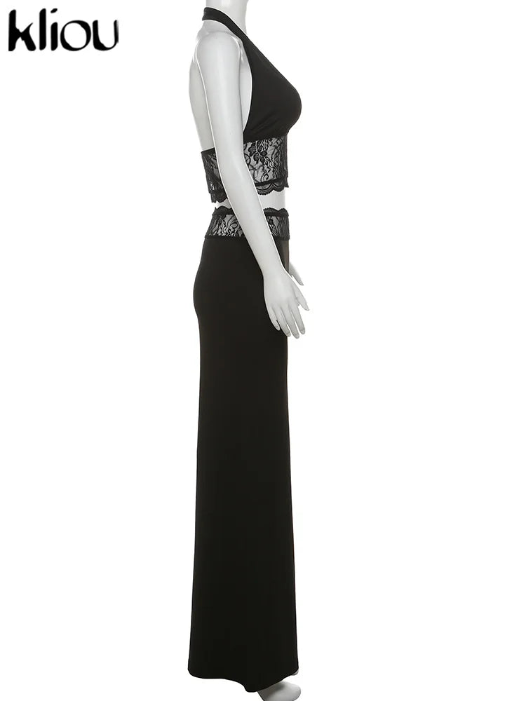 kliou Lace Patchwork Women 2 Piece Set Halter Fashion Backless Sheer V-neck Tanks+Trim Matching Long Skirts Mujer Elegant Suits