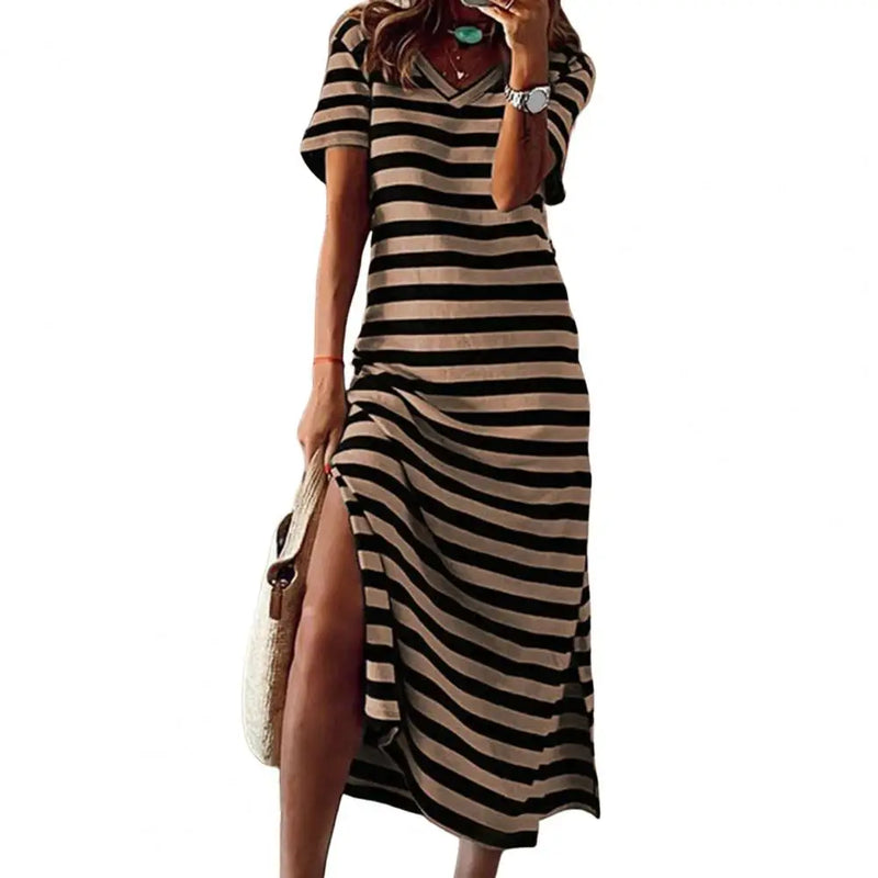 Vestidos Plus Size Vestidos Para Mulheres Casual Listra Estampa Decote Em V Manga Curta Solto Vestido Longo Robe Femme