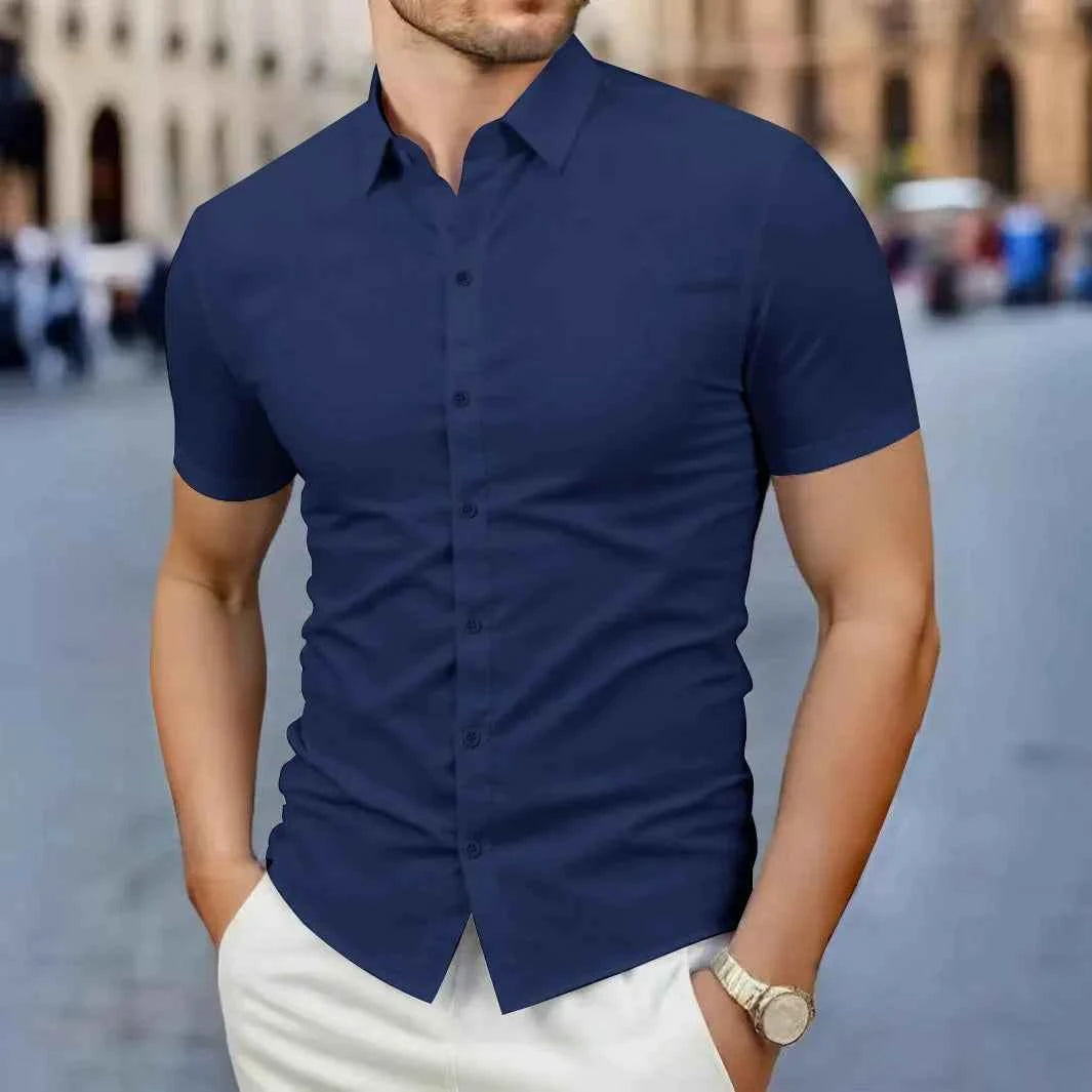 New Men's Business Casual Solid Color Short Sleeved Shirt for Summer Fashion No Ironing Comfortable and Versatile Top