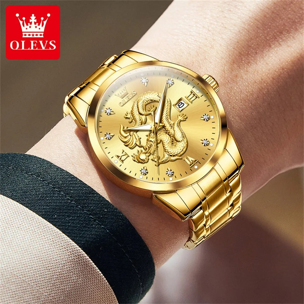 OLEVS Men's Watches Top Brand Fashion Original Quartz Watch for Man China Loong Dragon Dial Waterproof Luminous Date Olevs 3619