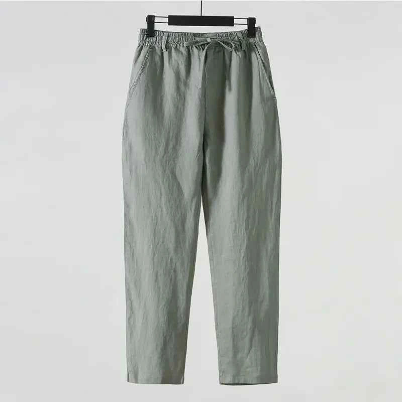 Solid Color Linen Pants Men's Loose Cotton Linen Casual 9 Points Pants Spring Summer Home Straight Soft Comfortable Trousers