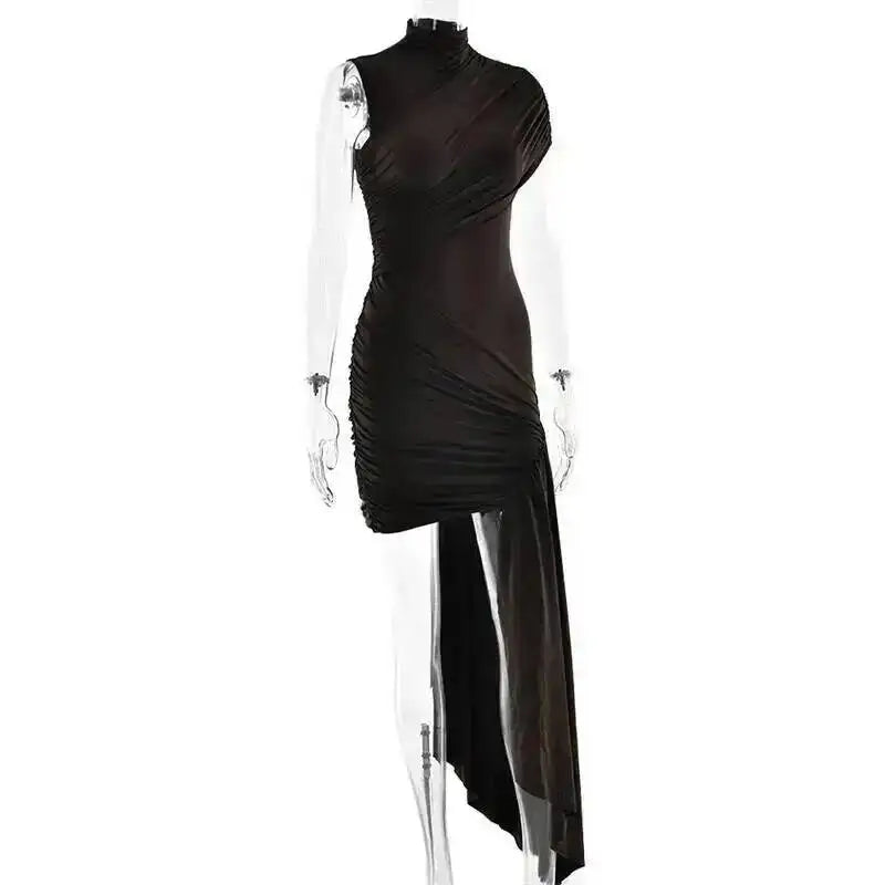 Balitops Summer Draped Ruched Sexy Mini Dress Women 2025 New Irregular High Waist Slim Fit Dress Female Elegant Club Tank Dress