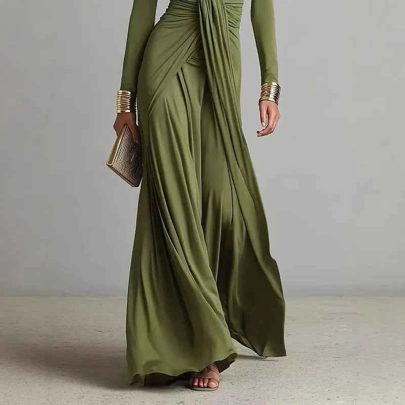 Women's Elegant Deep V Neck Maxi Dress Spring Twist Knot Ruched Floor-Length Evening Gown Autumn New Long Sleeve Slim Boho Dress