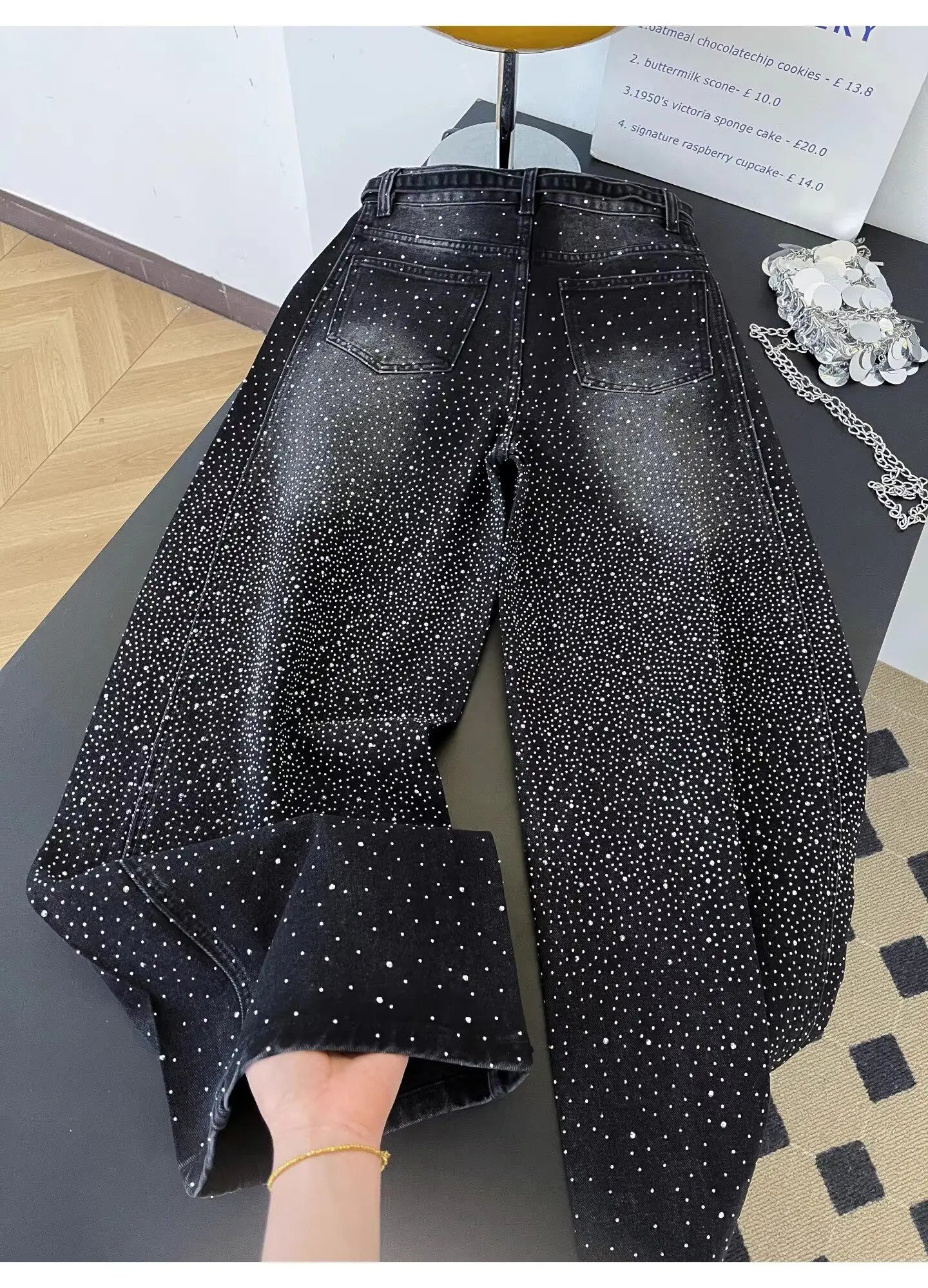Glittering Rhinestone Denim Pants Women's Jeans New Wide Leg Design Sensation Floor-Length Pants Loose Jeans